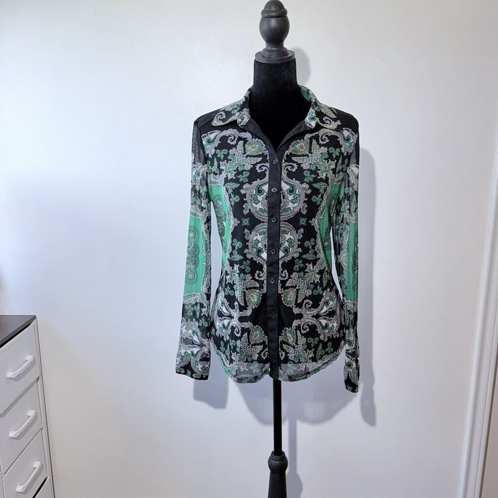 INC Petite Women’s Green Blouse Long-Sleeve Paisley pattern Button-Up Size M